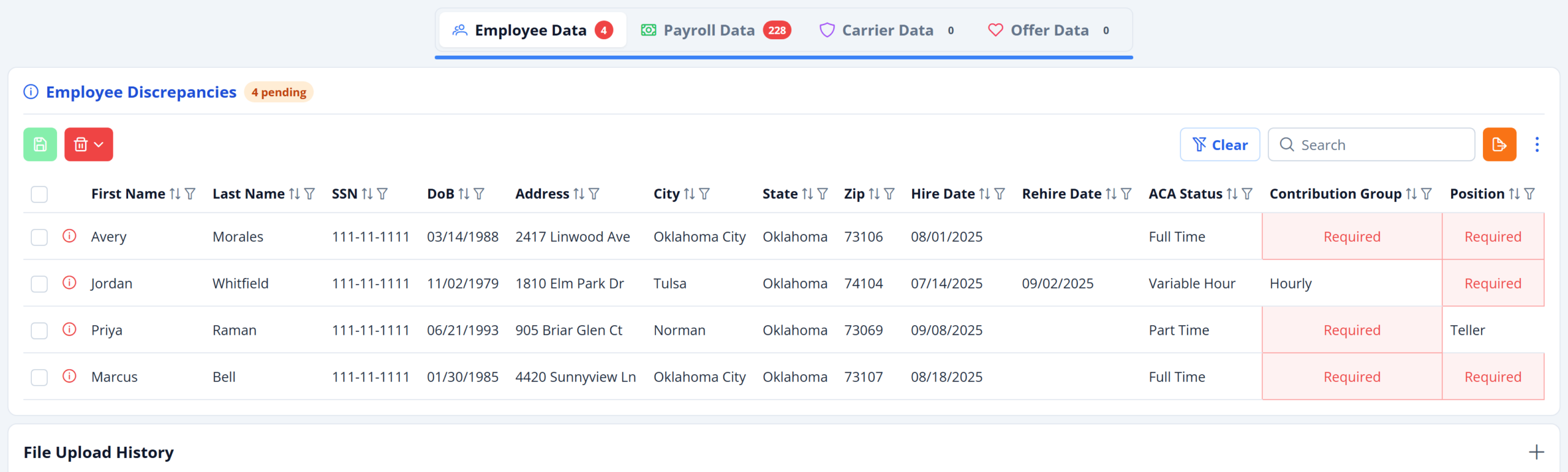 ACAChamp Data Exchange showing employee discrepancies to resolve before import