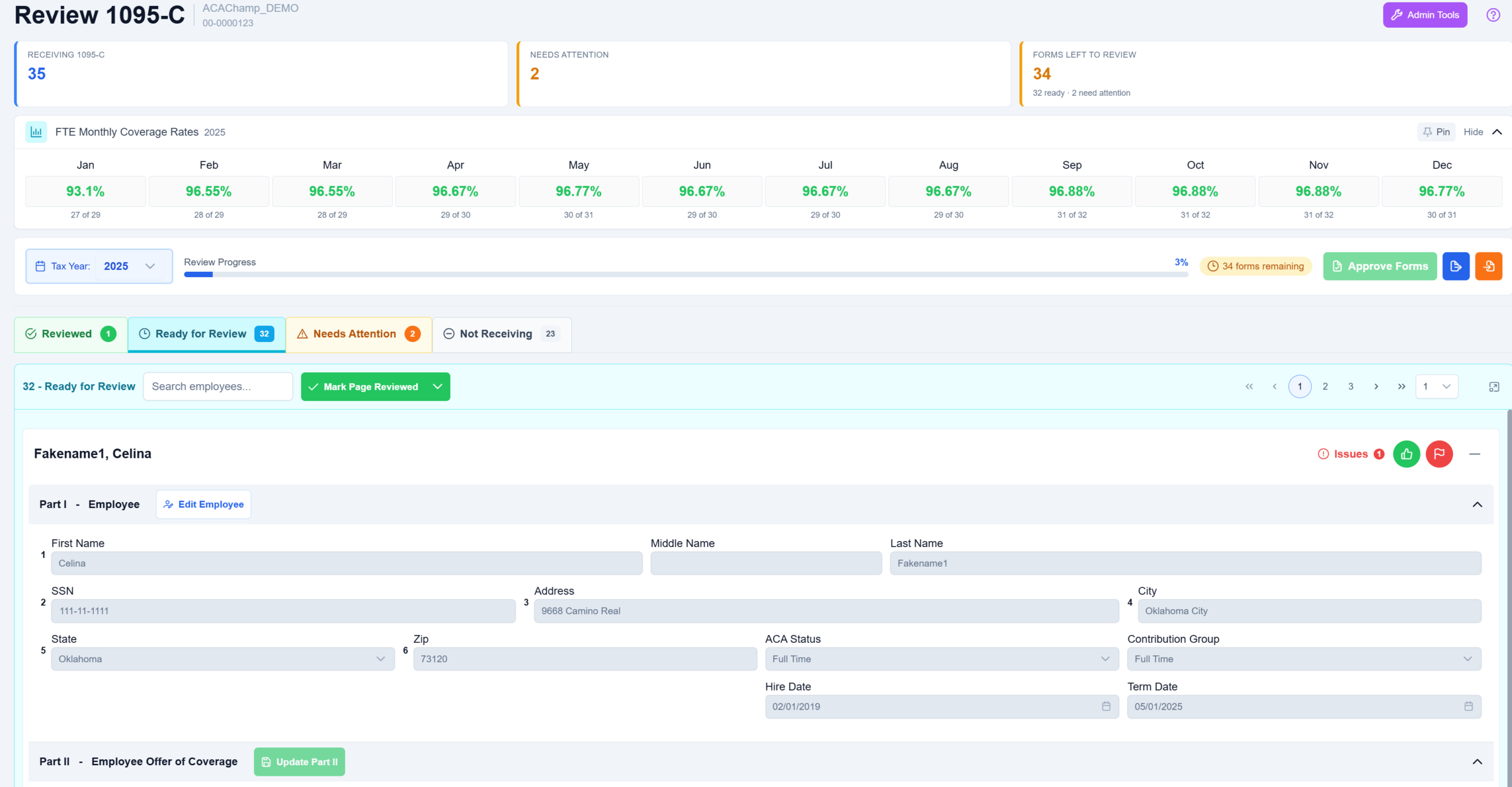 ACAChamp Review 1095-C screen showing monthly coverage rates and forms ready for review